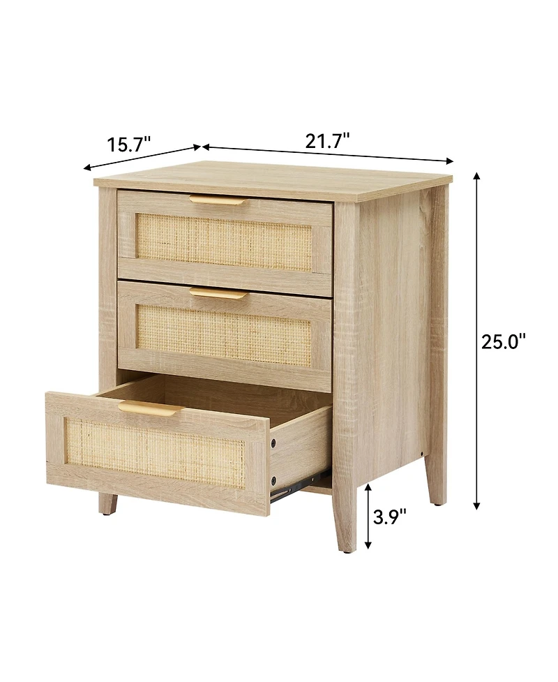 gaomon Nightstand, Rattan End Table, Nightstands with 3 Natural Rattan Drawers, Strong Support Wooden Structure, Side Table