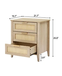 gaomon Nightstand, Rattan End Table, Nightstands with 3 Natural Rattan Drawers, Strong Support Wooden Structure, Side Table