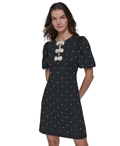 Karl Lagerfeld Paris Women's Scuba Crepe Sheath with Neckline Pearl Bow Details Dress
