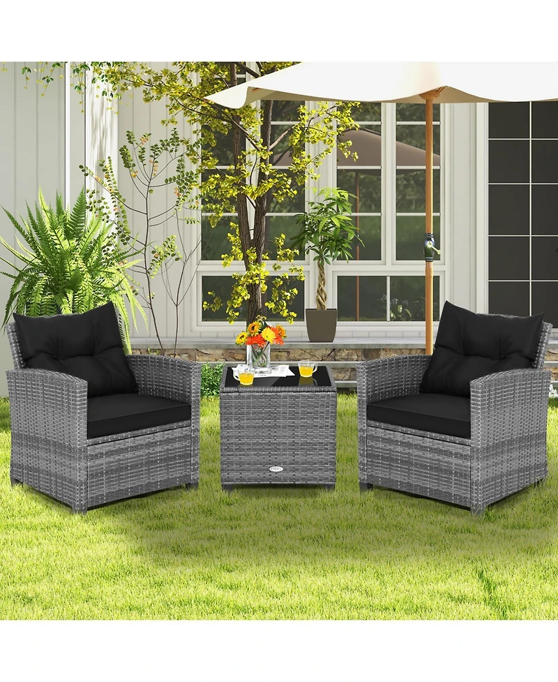 Sugift 3 Pieces Outdoor Wicker Conversation Set with Tempered Glass Tabletop-Black