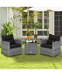 Sugift 3 Pieces Outdoor Wicker Conversation Set with Tempered Glass Tabletop-Black
