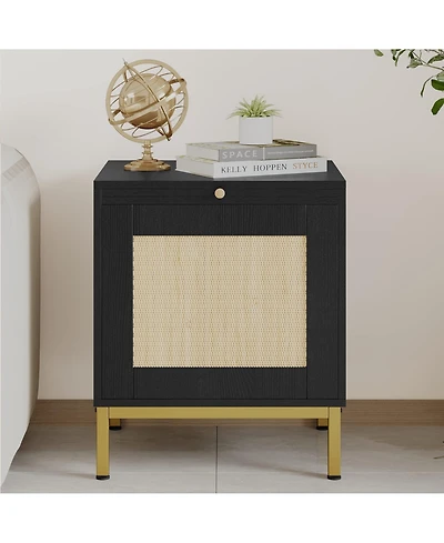 gaomon Rattan End Table - Set of 1, Wood Nightstand with Storage Shelf