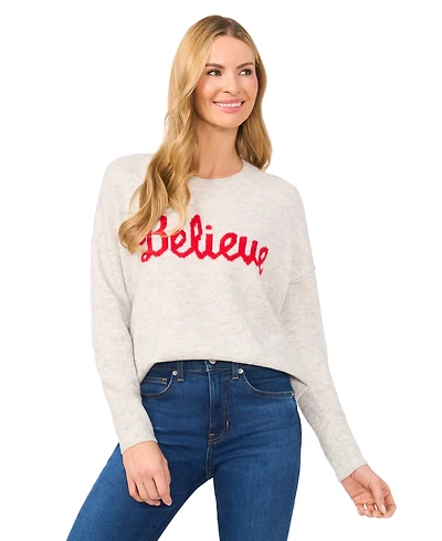 CeCe Women's Believe Script Long-Sleeve Cozy Sweater