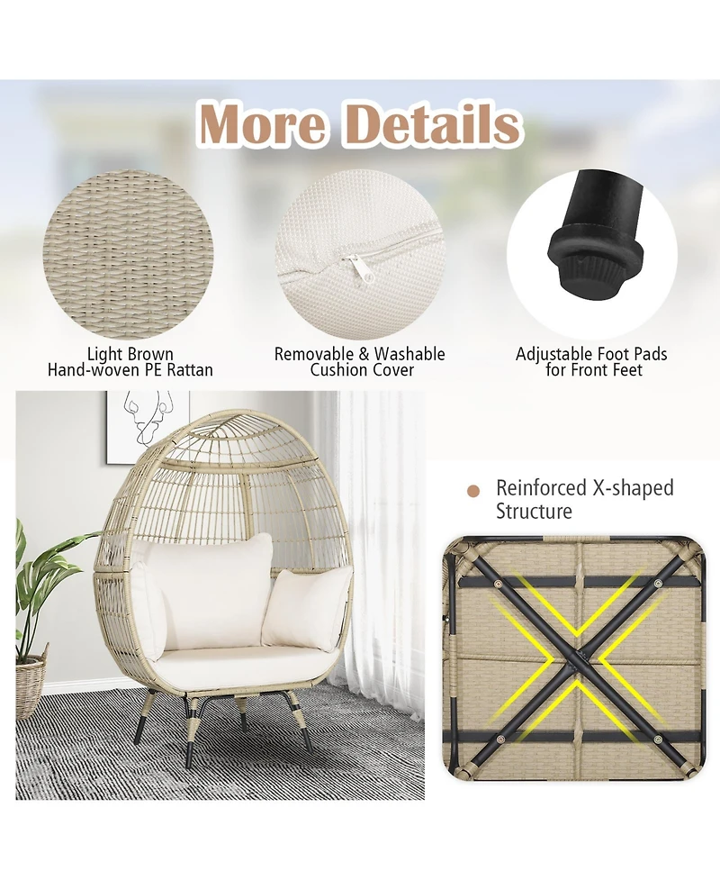 Sugift Oversized Patio Rattan Egg Lounge Chair with 4 Cushions-Light Brown
