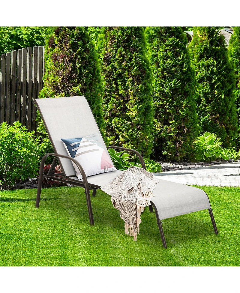 Sugift 2 Pcs Outdoor Patio Lounge Chair Chaise Fabric with Adjustable Reclining Armrest-Gray
