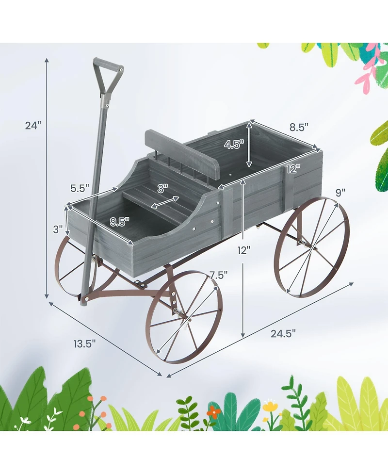 Sugift Wooden Wagon Plant Bed with Metal Wheels for Garden Yard Patio-Gray