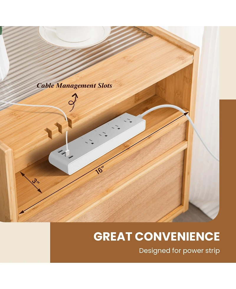 Sugift Bamboo Rattan Nightstand with Drawer and Solid Wood Legs-Natural