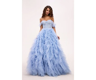 Milla Women's Light Blue All Ruffled Up Eveng Fluffy Dress