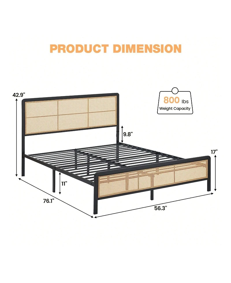 gaomon Rattan Bed Frame With Headboard And Footboard, Heavy Duty Metal Platform Storage, Easy Assembly, No Box Spring Needed, Mattress