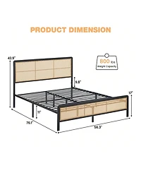 gaomon Rattan Bed Frame With Headboard And Footboard, Heavy Duty Metal Platform Storage, Easy Assembly, No Box Spring Needed, Mattress