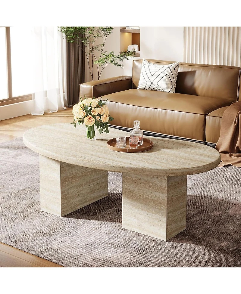 Tribesigns 45.28" Oval Coffee Table for Living Room, Large Modern Coffee Table, All-Wood Center Table with Asymmetric Pedestal Legs, Oak