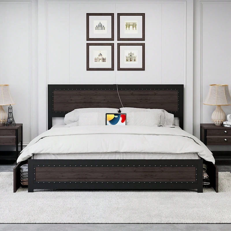 gaomon Full/Queen/King Bed Frame With Headboard,Industrial Platform 4 Storage Drawers And Charge Station,Strong Metal Slats Suppor