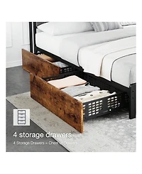 gaomon Bed Frame With 4 Storage Drawers And Linen Upholstered Headboard,Platform Bed Frame With Charging Station, No Box Spring Needed, Easy Assembly