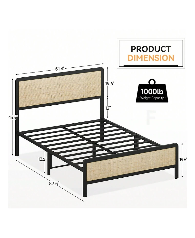 gaomon Bed Frame, Metal Bed Frame With Rattan Headboard And Footboard, Platform Bed Frame With Safe Rounded Corners, Under Bed Storage, Strong Metal S
