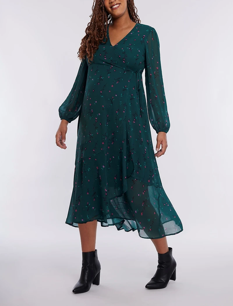 Motherhood Maternity Woven Wrap Long Sleeve Midi Dress