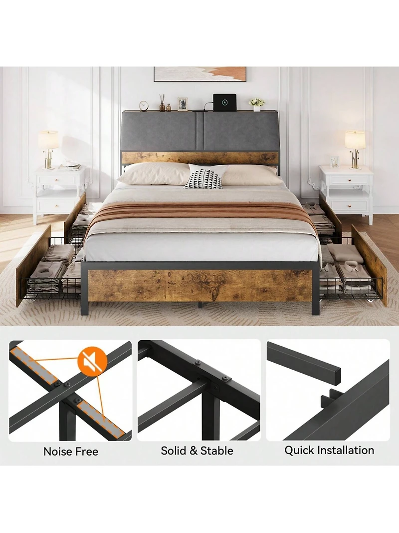 gaomon Full Bed Frame With Charging Station And 4 Storage Drawers, Metal Platform Bed With Ergonomic Large Storage Headboard, Noise-Free, No Box Sprin