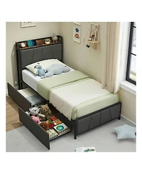 gaomon Bed Frame With Storage Headboard And 2 Drawers, Linen Upholstered Platform Bed Frame With Charging Station, Heavy Duty, No Box Spring Needed