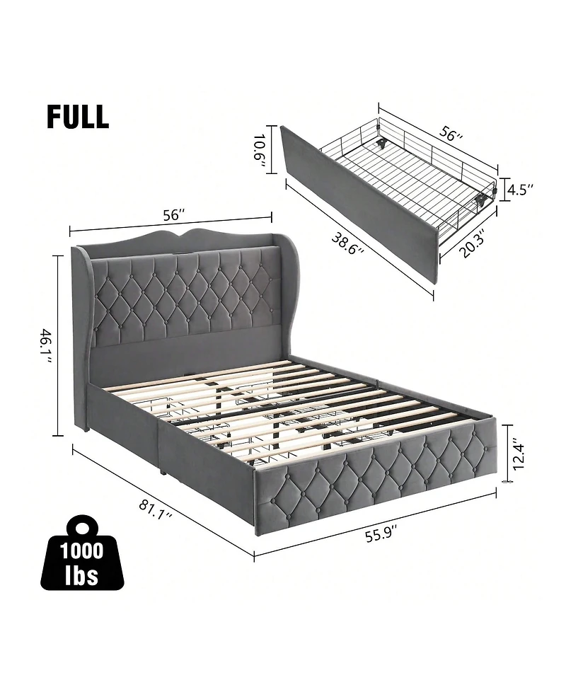 gaomon Bed Frame With Charging Station And 4 Storage Drawers, Velvet Upholstered Tall Tufted Wingback Headboard And Storage Shelf, No Box Spring Neede