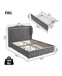 gaomon Bed Frame With Charging Station And 4 Storage Drawers, Velvet Upholstered Tall Tufted Wingback Headboard And Storage Shelf, No Box Spring Neede