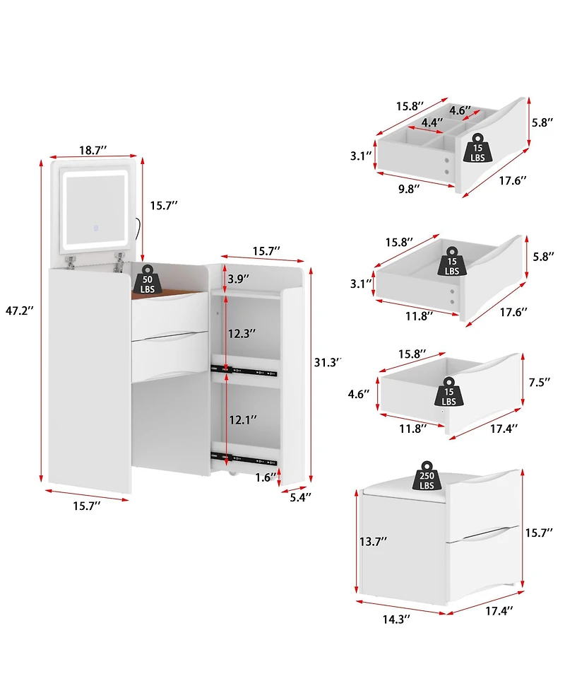 Famapy White Closet Drawer Vanity With Light Mirror And Stool