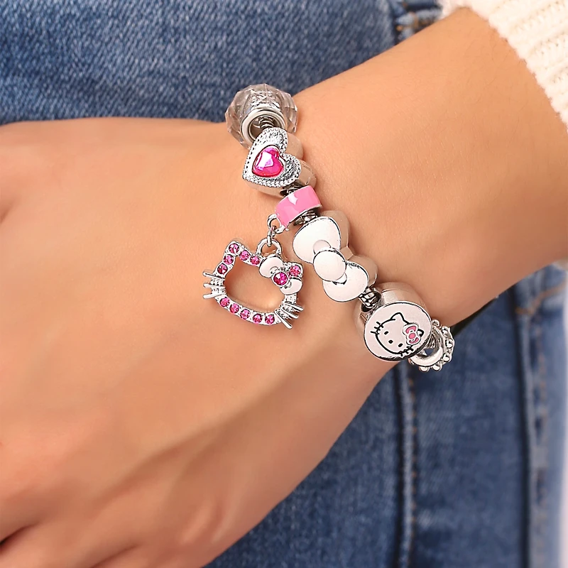 Hello Kitty Sanrio 7'' Fashion Charm Bead Bracelet with Pink Enamel and Crystal Beads