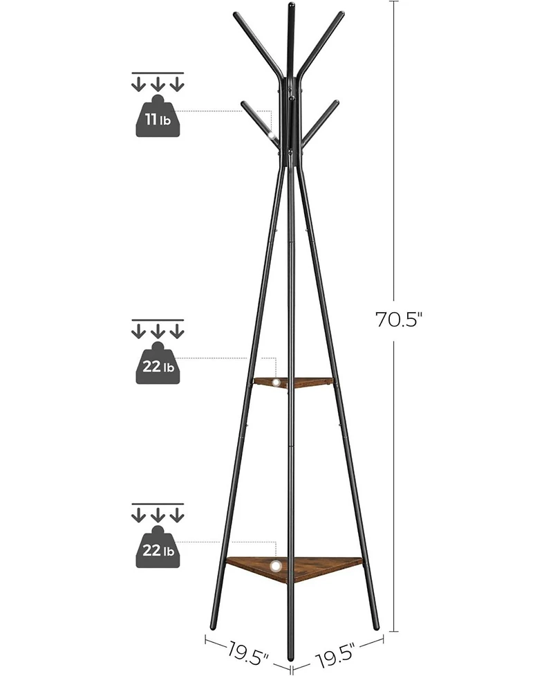 Songmics Home Freestanding Industrial Style Coat Rack, Hall Tree Featuring 2 Shelves, Hazelnut Brown & Black