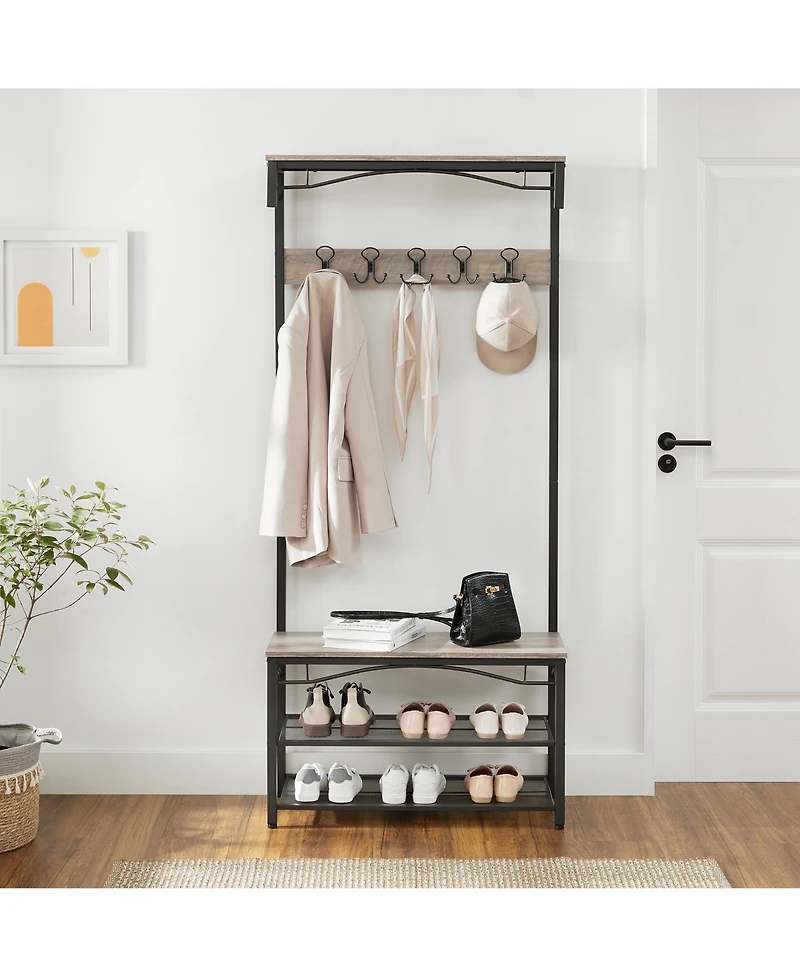 Songmics Home Industrial Style Coat Rack with Shoe Storage, 3-Tier Storage Shelf for Entryway, Greige