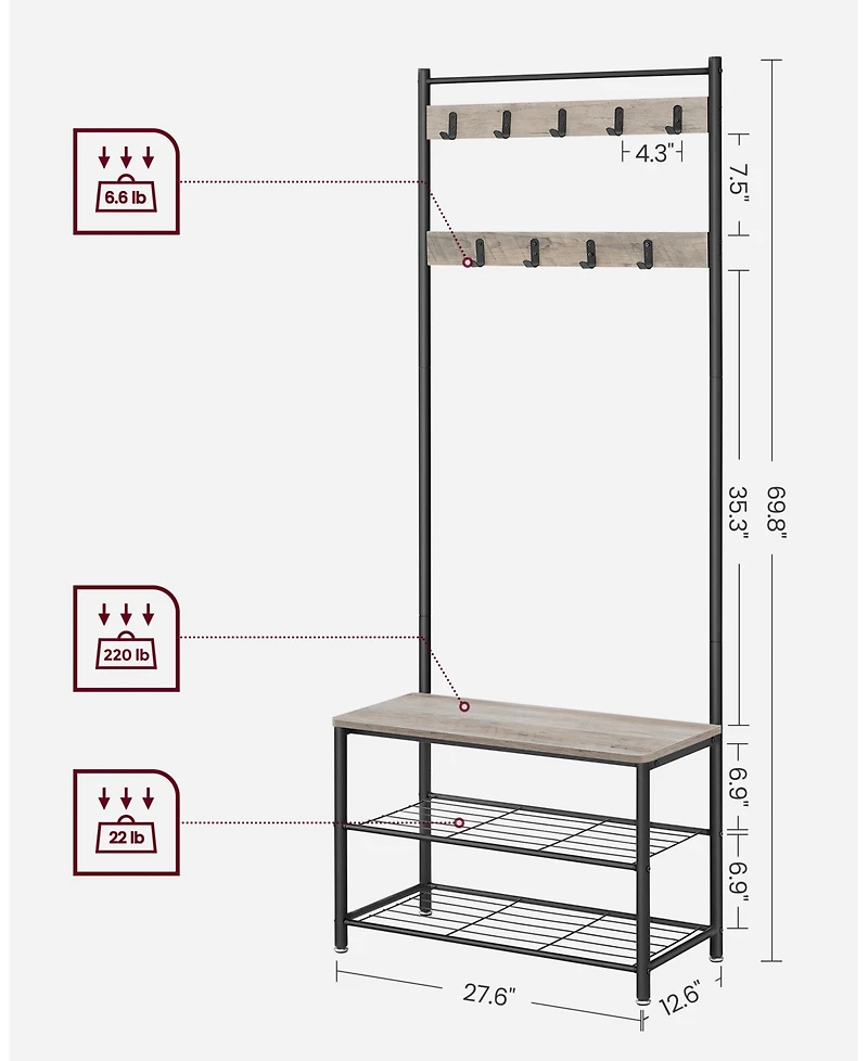Songmics Home Entryway Industrial Style Coat Rack with Shoe Storage, 3-in-1 Design Steel Frame, Grey