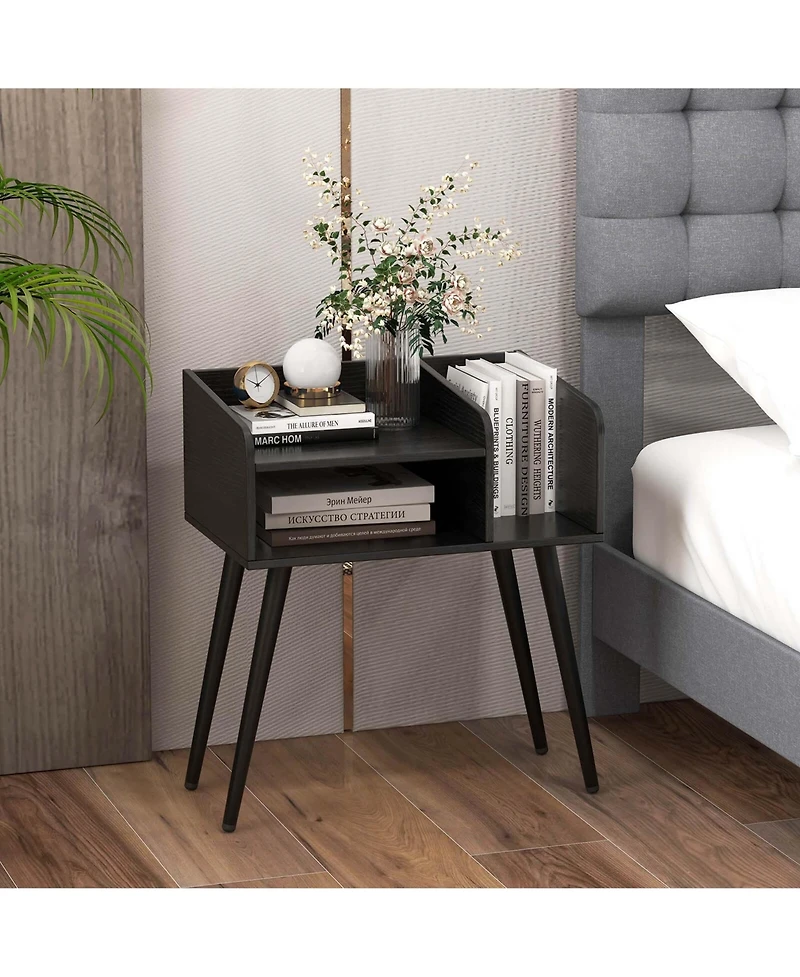 Costway Mid Century Modern End Table with Open Shelves Metal Support Legs for Bedroom