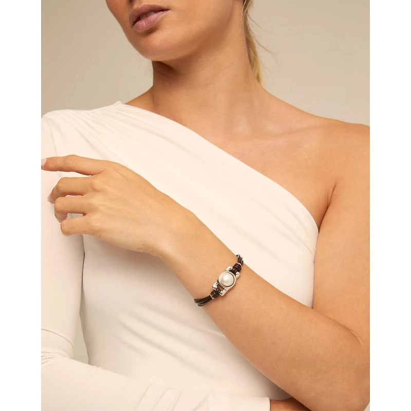 UNOde50 Sterling Silver Leather Strap Rectangular Bead Bracelet