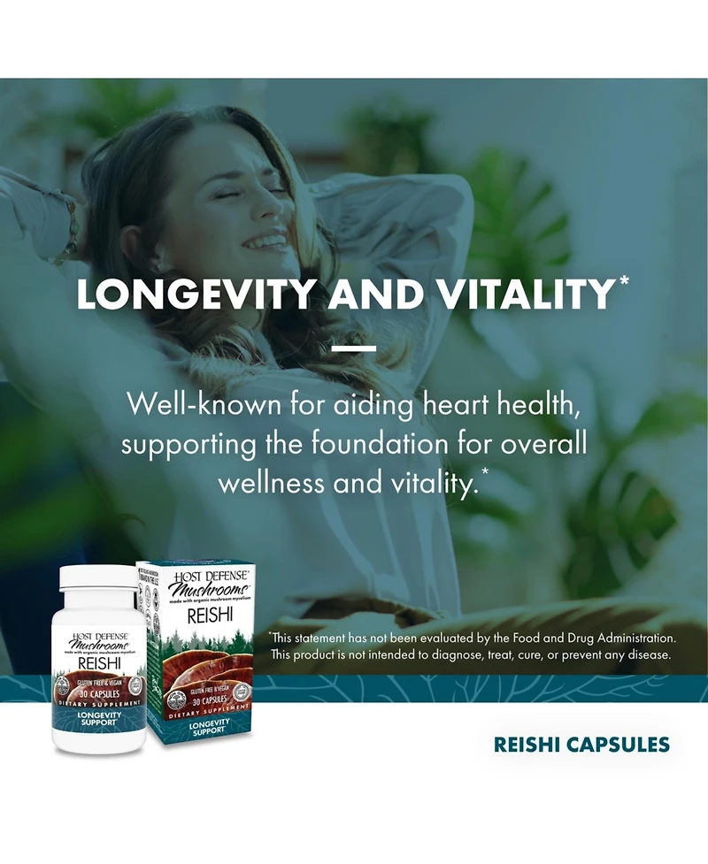Host Defense Reishi Capsules - Heart & Immune Health Support Supplement - Mushroom Supplement to Support Energy & Vitality