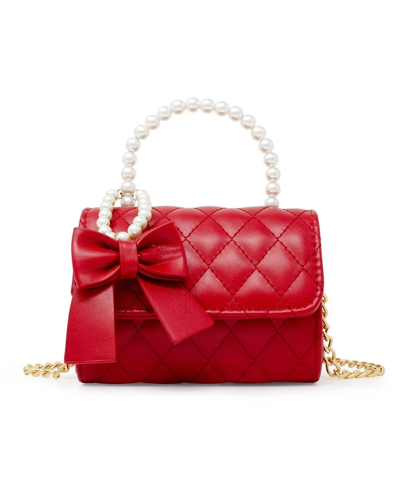 Tiny Treats + Zomi Gems Girls Quilted Pearl Handle Bow Ribbon Handbag, Red