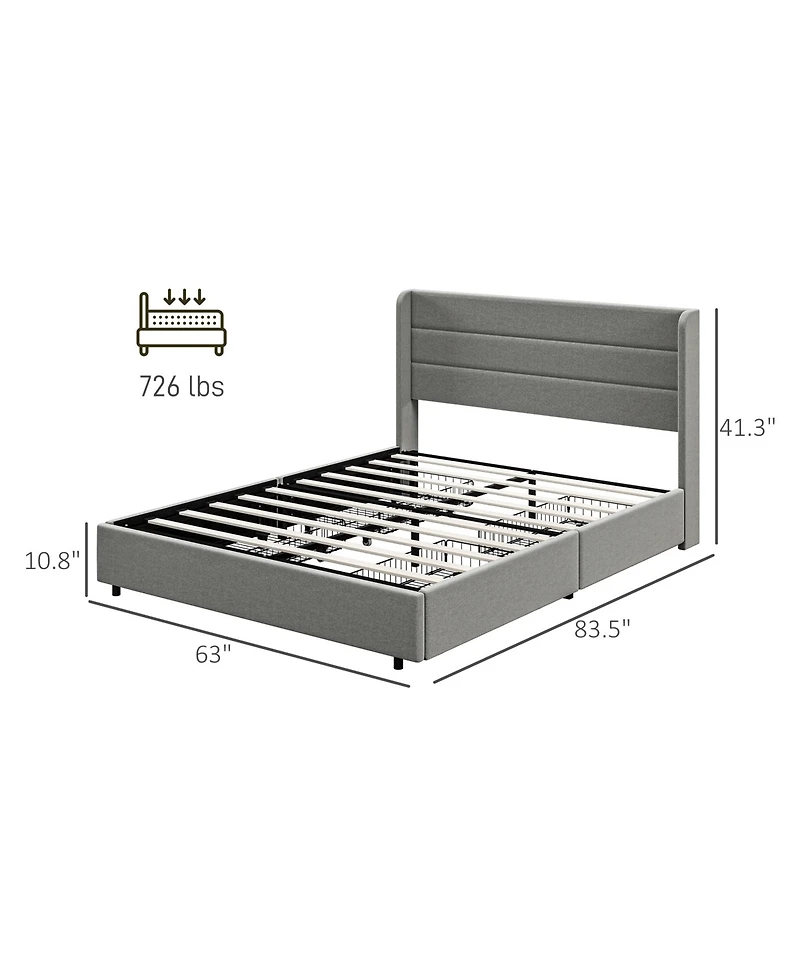 Homcom Queen Size Bed Frame with Headboard 4 Drawers Noise-Free, Light Gray