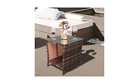Slickblue Brown Gradient Iron Frame Rattan Side Table with Glass Surface - Elegant Design