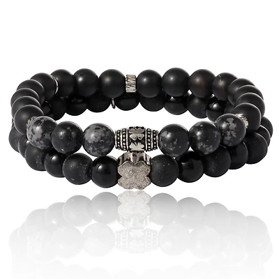 Lucky Brand Black Lava Bead Bracelets - Set of Two Natural Stone Stretch Bracelets for Men