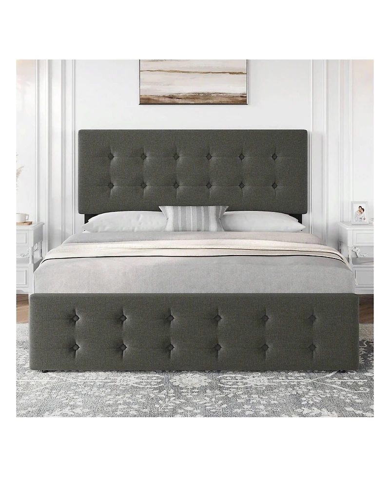 Bed Frame,With 4 Storage Drawers And Headboard, Linen Upholstered Platform Frame With Wooden Slats Support, Button Tufted Design