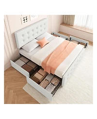 Bed Frame,With 4 Storage Drawers And Headboard, Linen Upholstered Platform Frame With Wooden Slats Support, Button Tufted Design