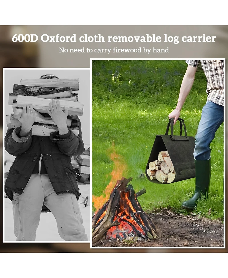 Outsunny Firewood Rack with Log Carrier, Indoor Outdoor Wood Storage Holder