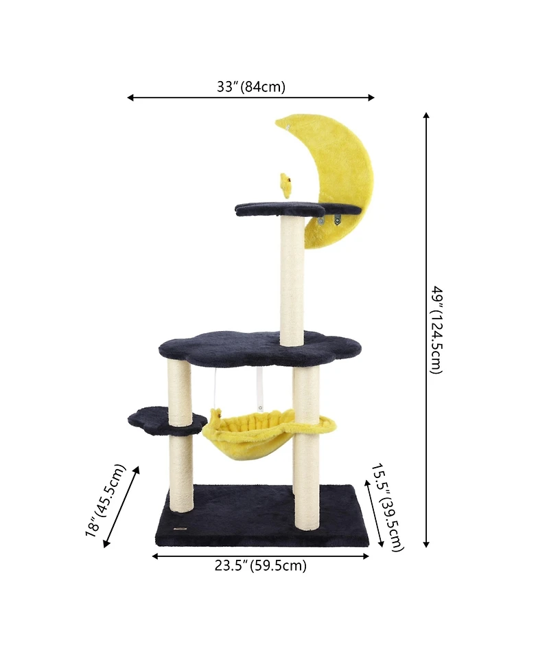 Aurora 49" 3-Tier Modern Sisal Moon And Stars Cat Tree with Scratching Posts, Basket, and Fuzzy Bell Toys, Navy/Yellow/White