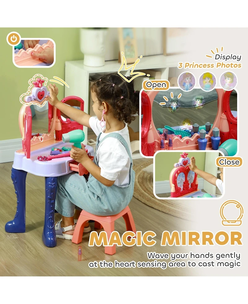 Qaba Kids Vanity Set w/ Mirror and Stool, Music, Light, Drawer, Multicolor