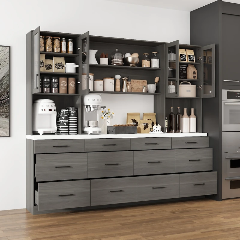 Famapy Grey Kitchen Cabinet with Glass Doors 12 Drawers, Pantry Storage Shelves
