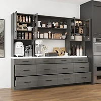 Famapy Grey Kitchen Cabinet with Glass Doors 12 Drawers, Pantry Storage Shelves