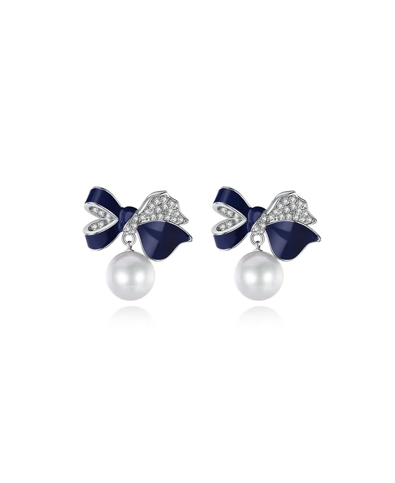 Blue Enamel Butterfly Imitation Pearl Dangle Earrings