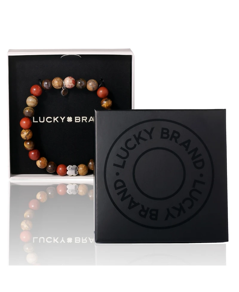 Lucky Brand Red Jasper Mens Bracelet, Stretch Beaded Bracelet for Men with Clover Logo and Jasper Beads