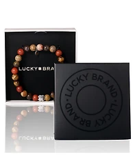 Lucky Brand Red Jasper Mens Bracelet, Stretch Beaded Bracelet for Men with Clover Logo and Jasper Beads