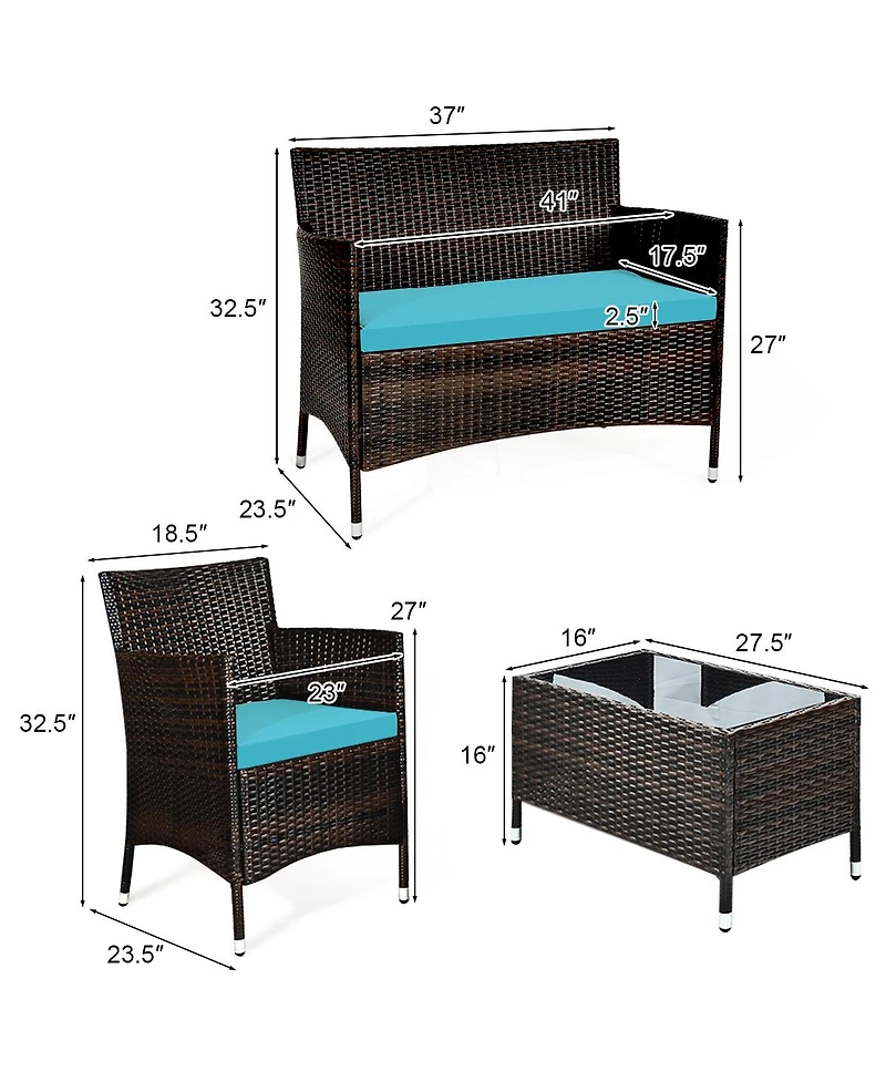 Sugift 4 Pieces Patio Rattan Sofa Set with Chairs and Glass Coffee Table