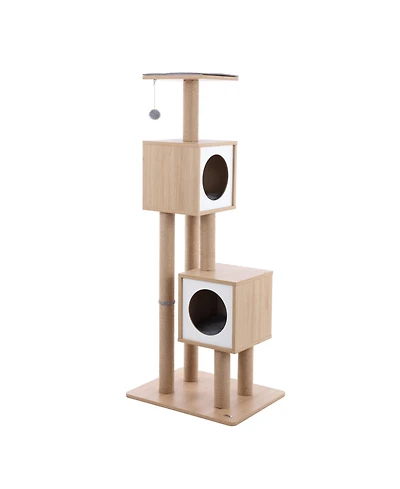 The Licker Store Sawyer 56" 3-Tier Minimalist Jute Cat Tree Condo with Scratching posts, and Fuzzy Toy, Brown/White