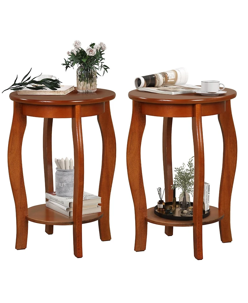 Gymax 2-Tier Round End Table Set of 2 Narrow Sofa Side Nightstand w/ Storage Shelf