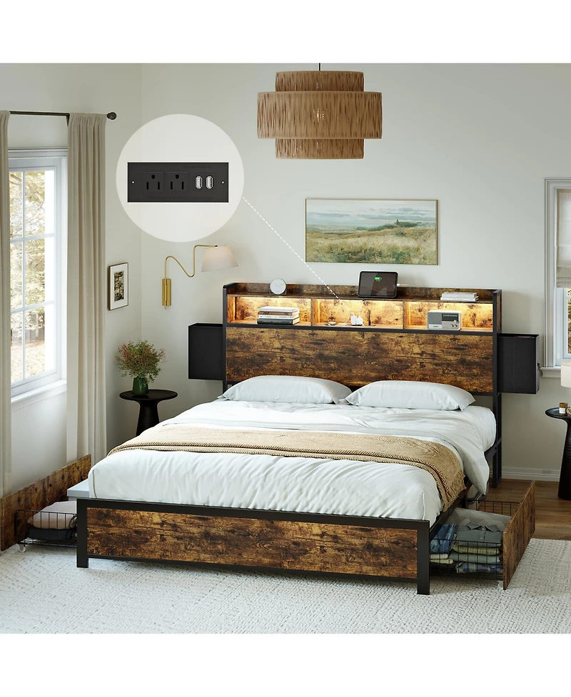 Hausource Queen/Full Size Bed Frame with Storage Headboard & 2 Drawers Platform Bed No Box Spring Needed, Queen