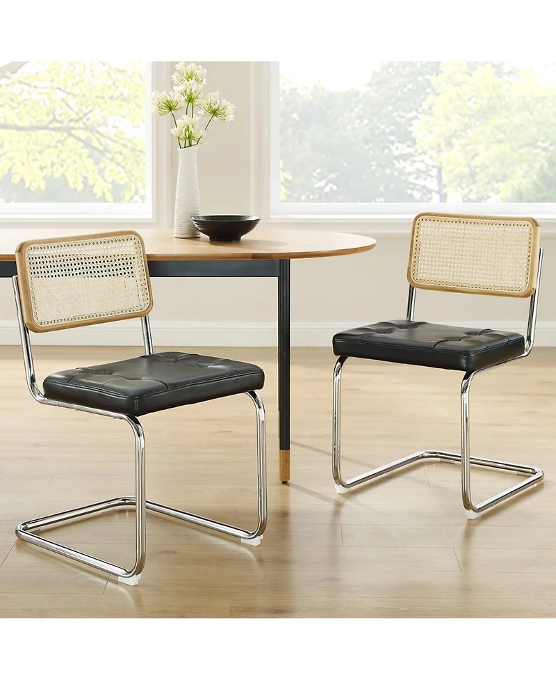 Homlux Set of 2 Rattan Dining Chairs Set Faux Leather Upholstered Mesh Back Cane Armless Chairs W/Chrome Metal Legs&Woven Backrest